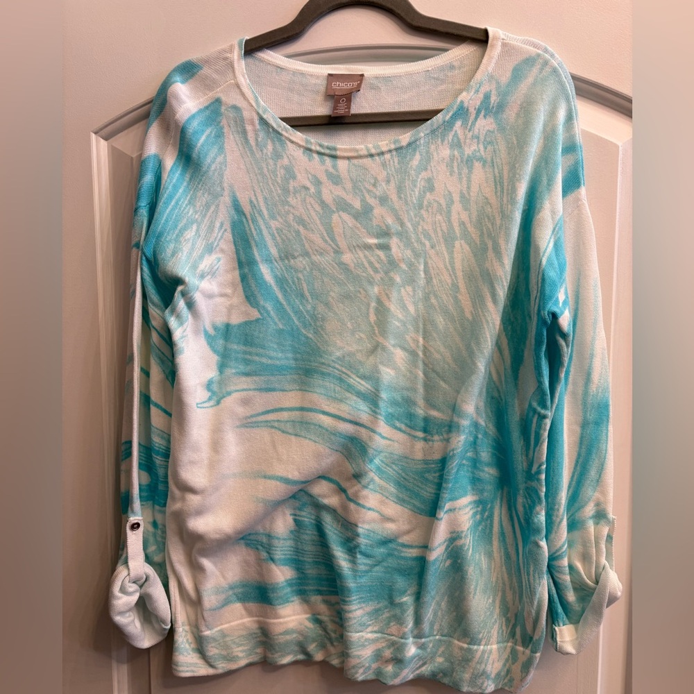 Chico's Aqua and White Patterned Blouse